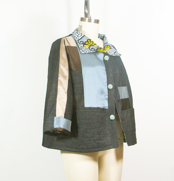 Patchwork Car Coat in Denim and Silk Satin