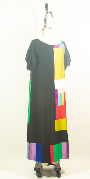 Short Sleeve 4ply Silk Black wih Color Patchwork Tunic