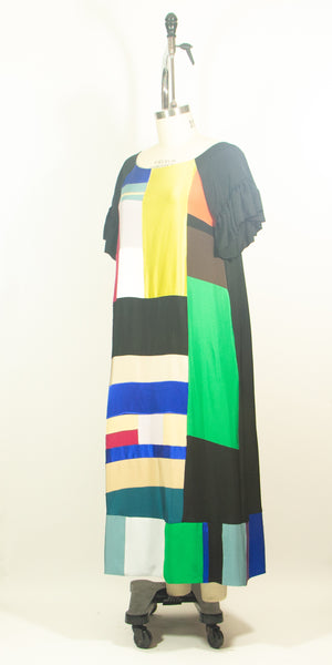 Short Sleeve 4ply Silk Black wih Color Patchwork Tunic