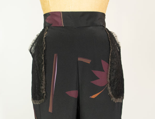 Silk Charmuese Print Pants with Lace Pockets