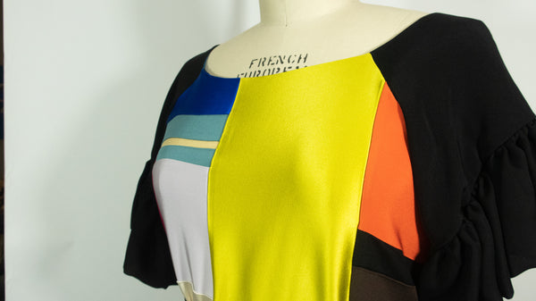Short Sleeve 4ply Silk Black wih Color Patchwork Tunic