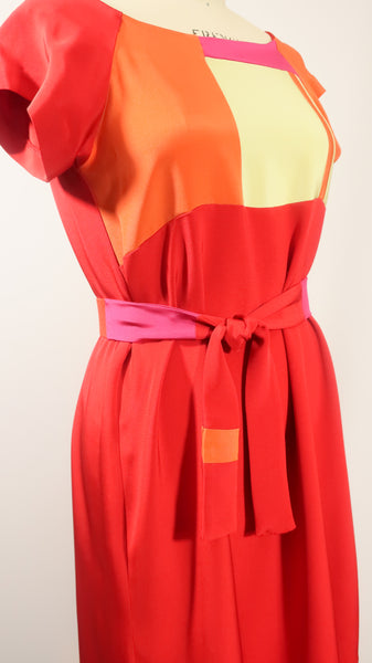 Red Patchwork Dress with Belt