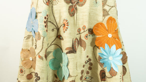 Linen Print A Line Skirt With Appliqued Flowers