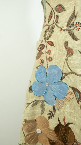 Linen Print A Line Skirt With Appliqued Flowers