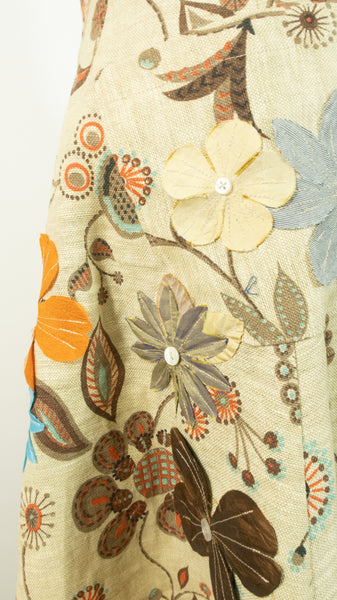 Linen Print A Line Skirt With Appliqued Flowers