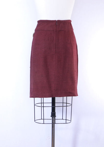 Burgundy Raw Silk Skirt with Beaded Flaps
