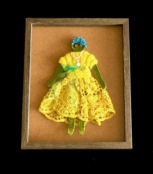 Flat Wool Doll wih Stitched body, with Hand Made Sweater, Beads, and Lace