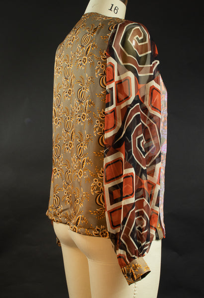 Print Silk Square Neck Patchwork Top