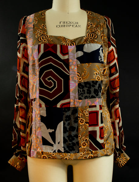 Print Silk Square Neck Patchwork Top