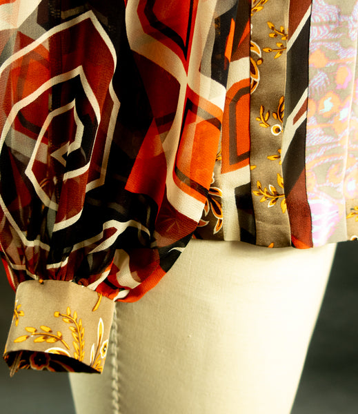 Print Silk Square Neck Patchwork Top