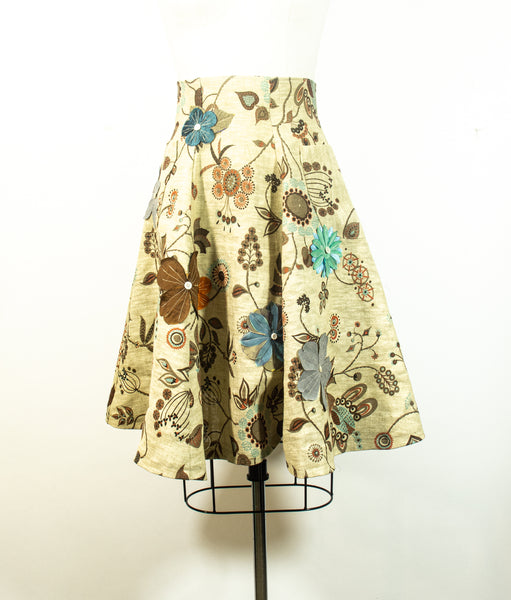 Linen Print A Line Skirt With Appliqued Flowers