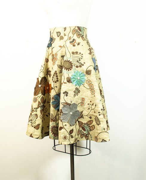 Linen Print A Line Skirt With Appliqued Flowers