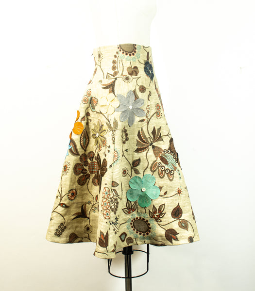 Linen Print A Line Skirt With Appliqued Flowers