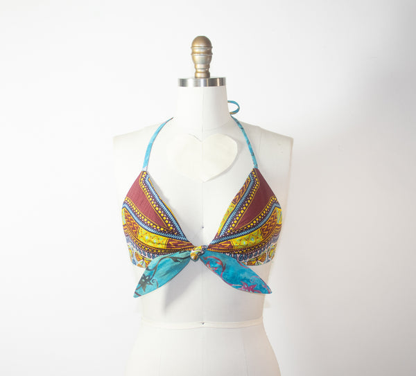 African Print Reversible Halter Turquoise Bra Top