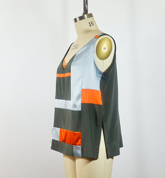 Patchwork Stretch Silk Camisole Grey with Orange Patches Large