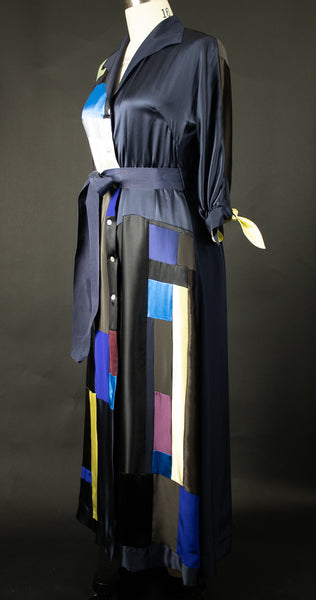 Navy Blue Patchwork Silk Charmuese Robe