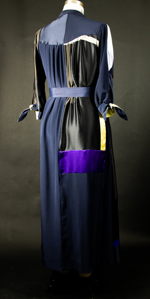Navy Blue Patchwork Silk Charmuese Robe