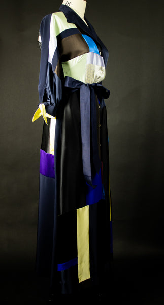 Navy Blue Patchwork Silk Charmuese Robe