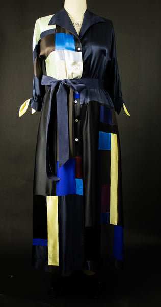 Navy Blue Patchwork Silk Charmuese Robe