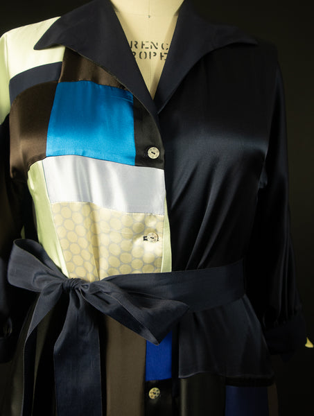 Navy Blue Patchwork Silk Charmuese Robe