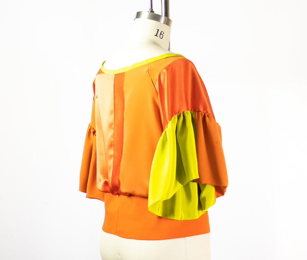 Orange Silk Patchwork Top with Ruffle Sleeve with Ribbing waist