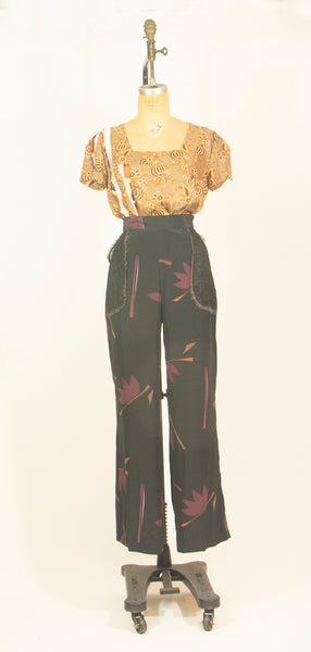 Silk Charmuese Print Pants with Lace Pockets