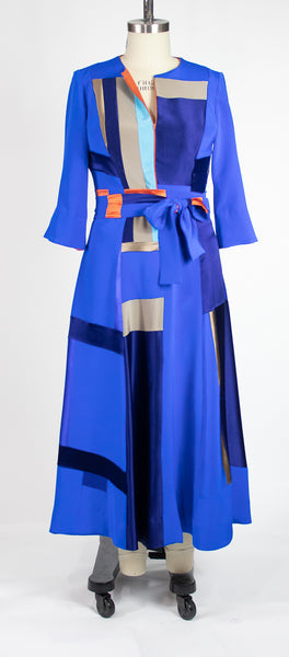 Blue Patchwork 4 Ply Silk Dress with Orange Zipper