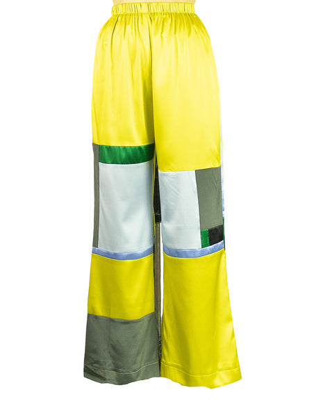 Patchwork Chartreuse Stretch Silk Charmuese Pants