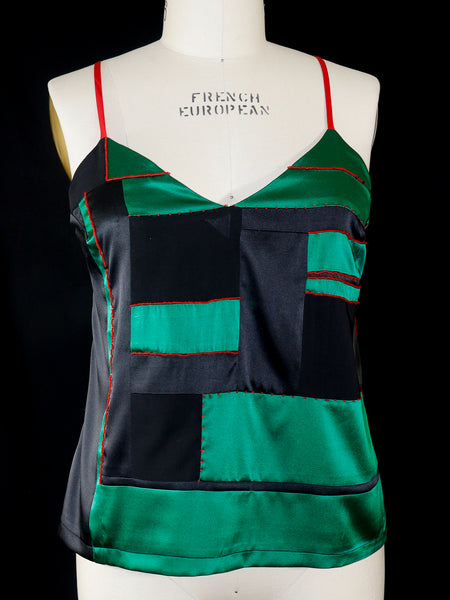 Red, Black, and Green Patchwork Stretch Silk Camisole with Beading