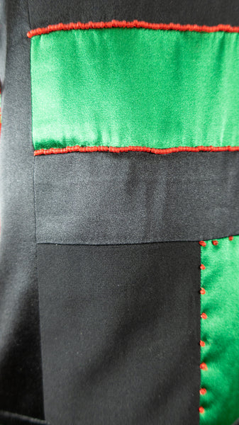 Red, Black, and Green Patchwork Stretch Silk Camisole with Beading