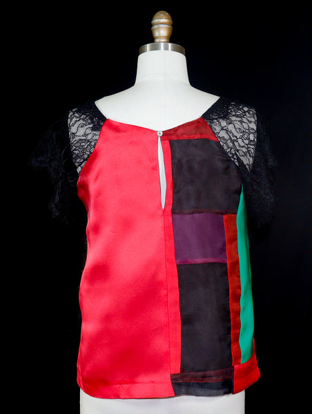 Silk Patchwork Organza Tunic with Lace Embellishment Red, Black, and Green