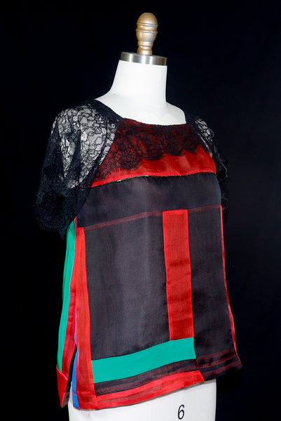 Silk Patchwork Organza Tunic with Lace Embellishment Red, Black, and Green