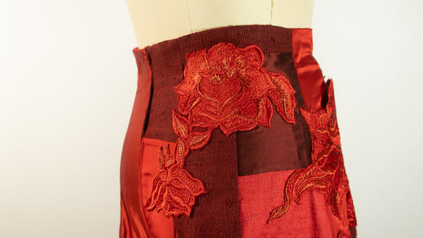 Silk Satin with Red Lace Appliques