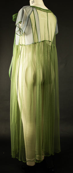Green Stretch Net Dress with Ribbon Drawstring at Neckline