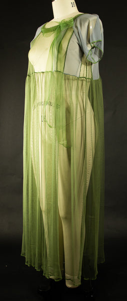 Green Stretch Net Dress with Ribbon Drawstring at Neckline
