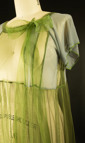 Green Stretch Net Dress with Ribbon Drawstring at Neckline