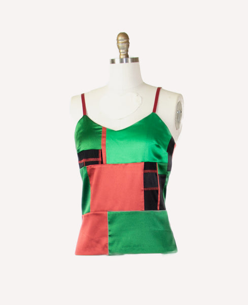 Patchwork Small Stretch Silk Camisole Red Black and Green